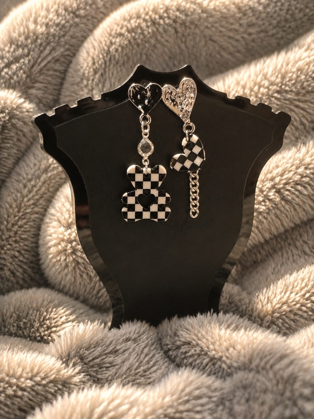Black & White Checkerboard Heart and Bear Drop Earrings - Women Jewelry